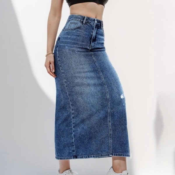 2023 Women's High Waist Denim Straight Skirt - Office Lady Black/Blue Midi Jean Skirt